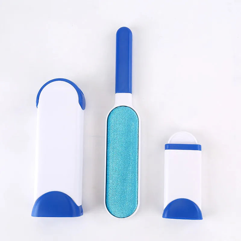 Double-sided reusable pet brush fur comb tool with self-cleaning base in dark blue, grey, light blue, orange, or red