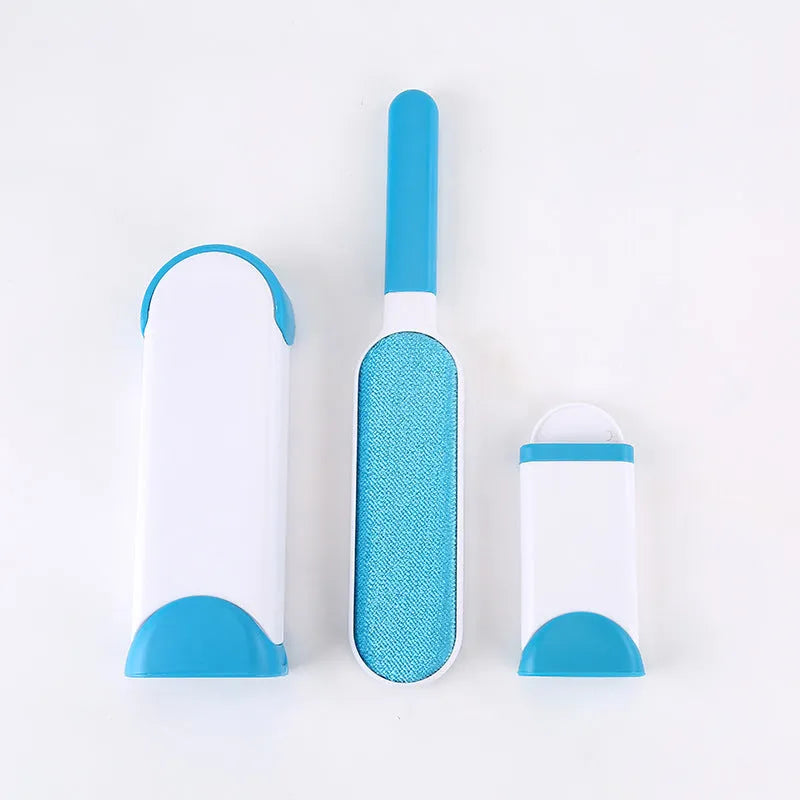 Double-sided reusable pet brush fur comb tool with self-cleaning base in dark blue, grey, light blue, orange, or red