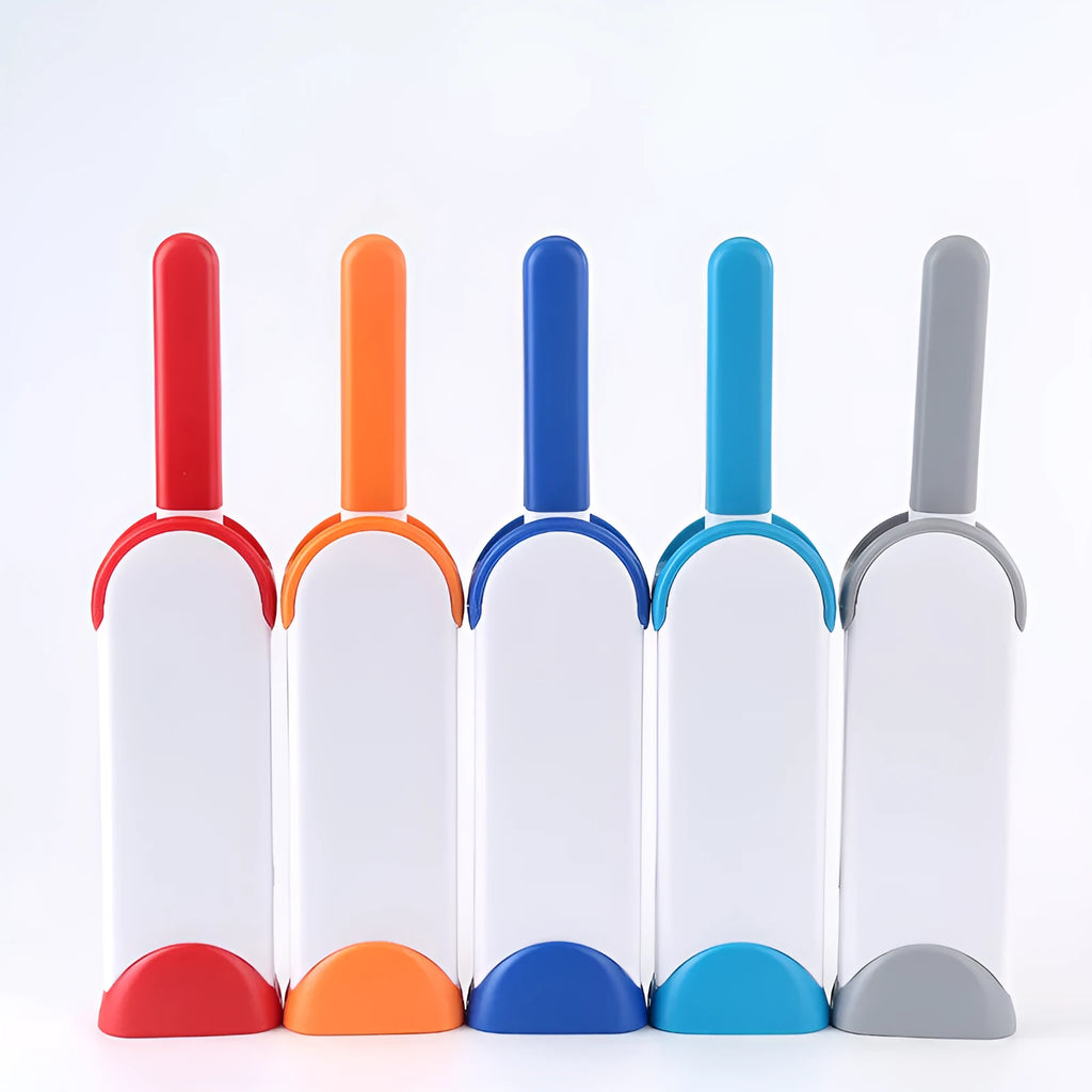 Double-sided reusable pet brush fur comb tool with self-cleaning base in dark blue, grey, light blue, orange, or red