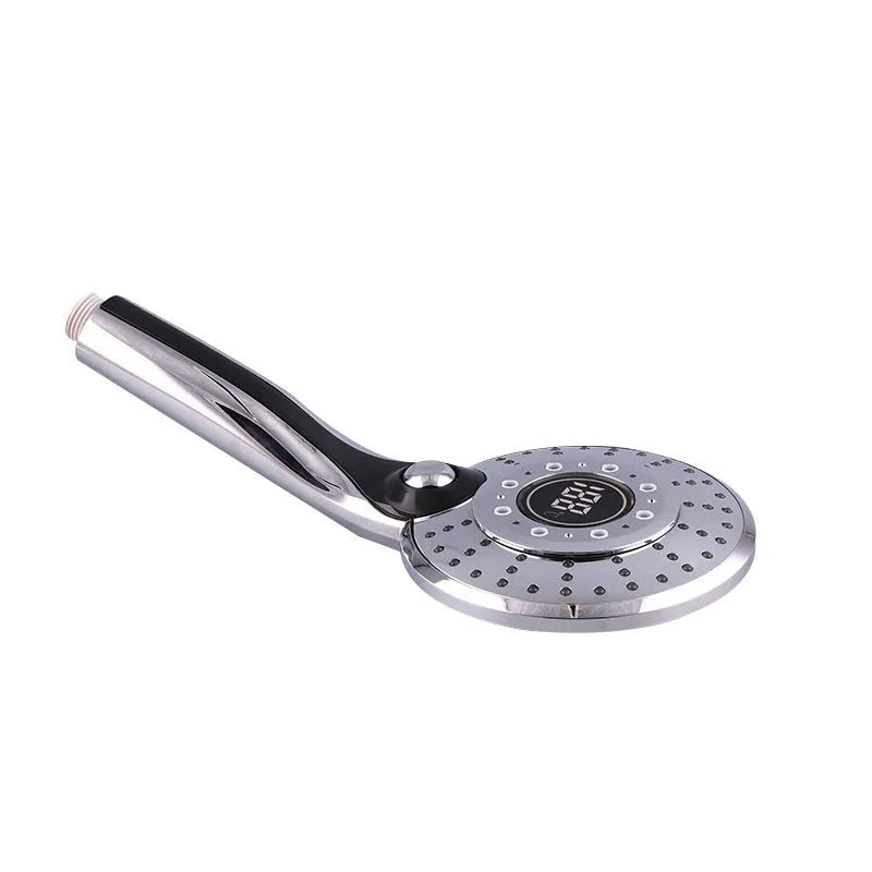 Handheld LED shower head with temperature display, three spray modes and colour-changing light, ABS electroplated finish, thread connection