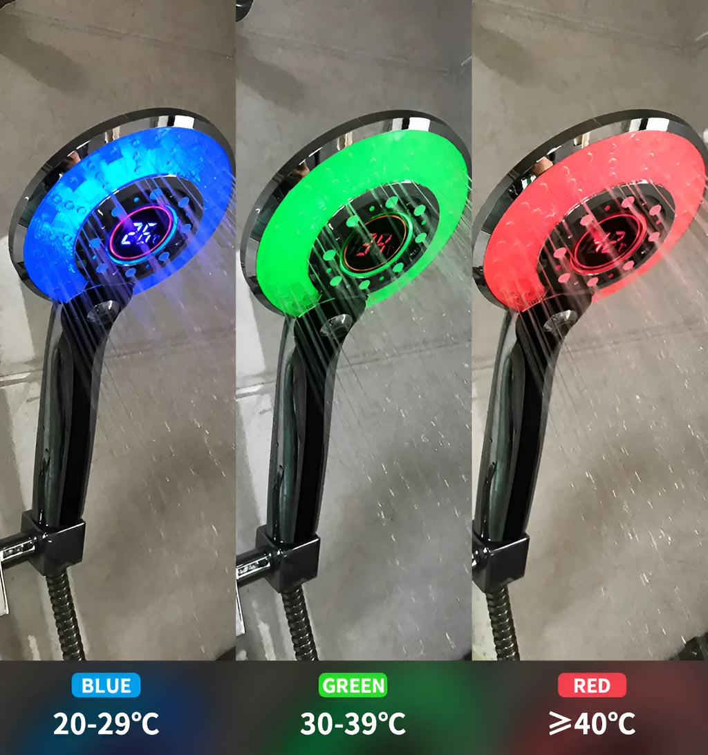 Handheld LED shower head with temperature display, three spray modes and colour-changing light, ABS electroplated finish, thread connection