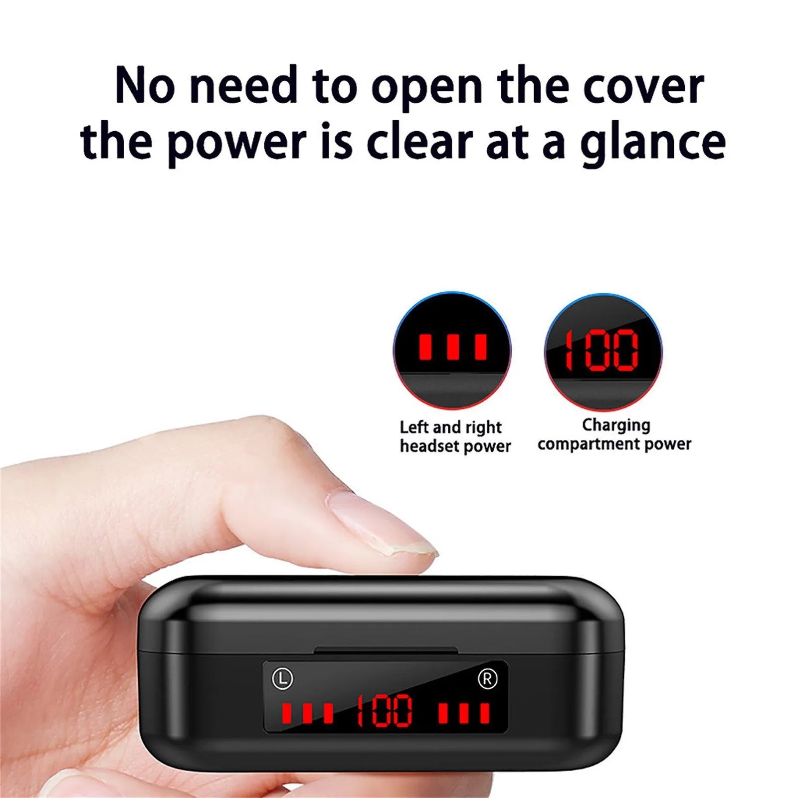 V7 LED button version true wireless stereo Bluetooth earbuds with charging case and ear tips.