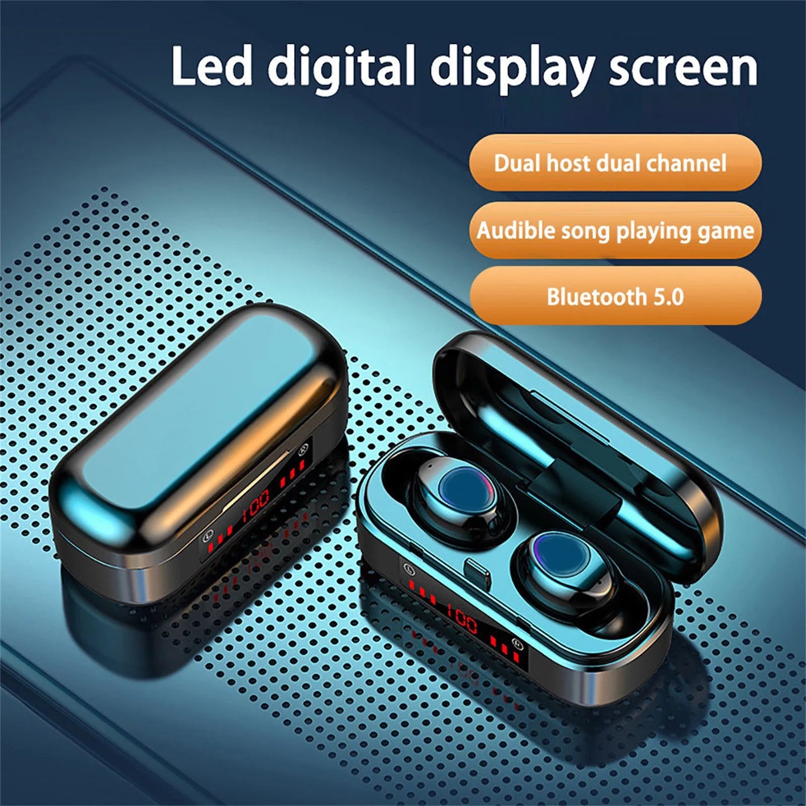 V7 LED button version true wireless stereo Bluetooth earbuds with charging case and ear tips.
