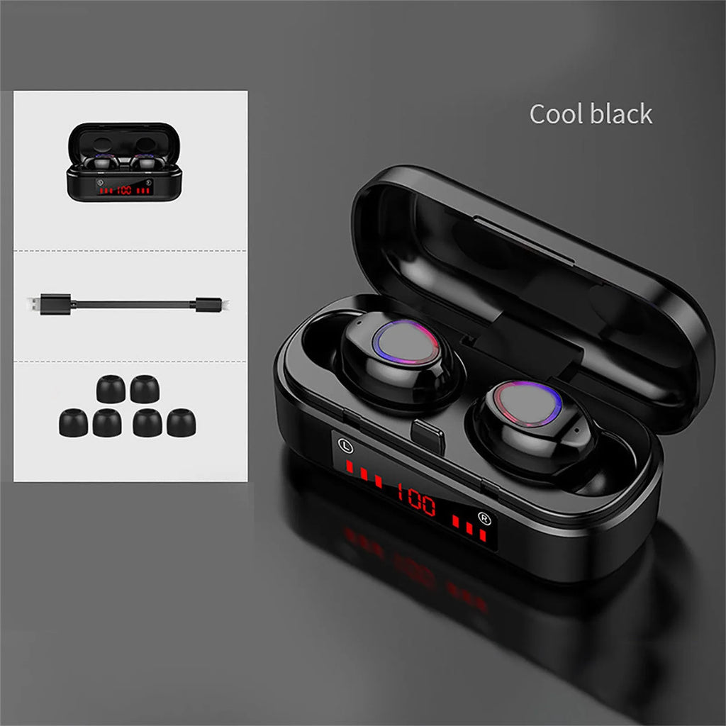 V7 LED button version true wireless stereo Bluetooth earbuds with charging case and ear tips.