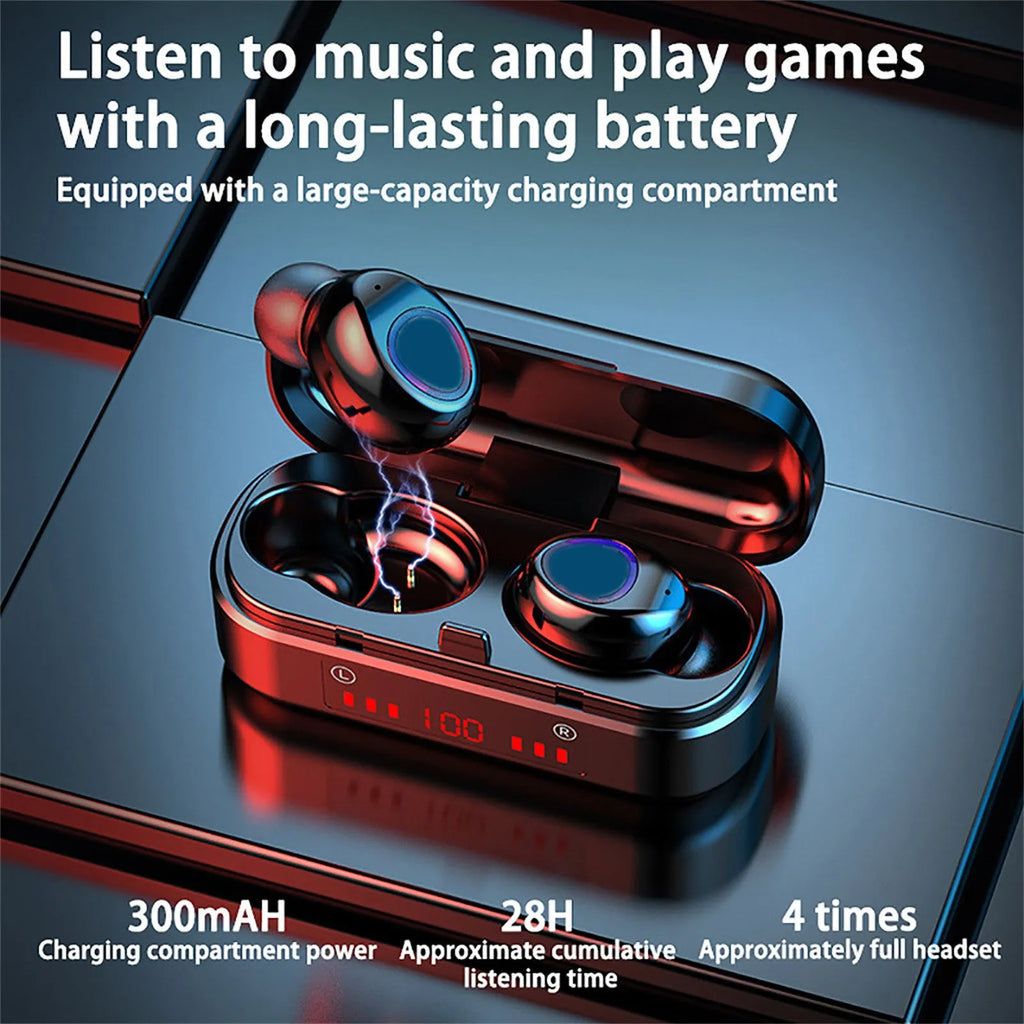 V7 LED button version true wireless stereo Bluetooth earbuds with charging case and ear tips.