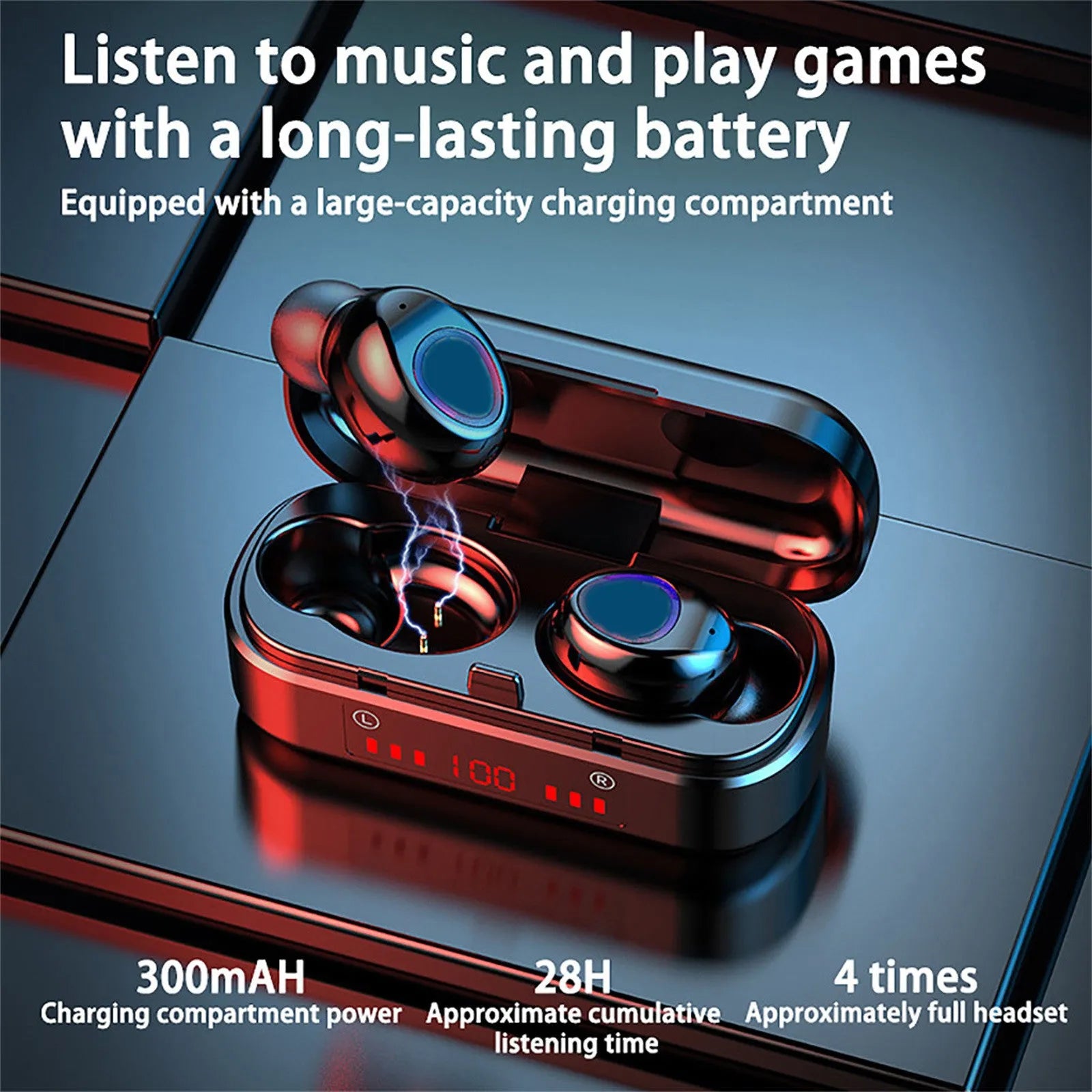 V7 LED button version true wireless stereo Bluetooth earbuds with charging case and ear tips.