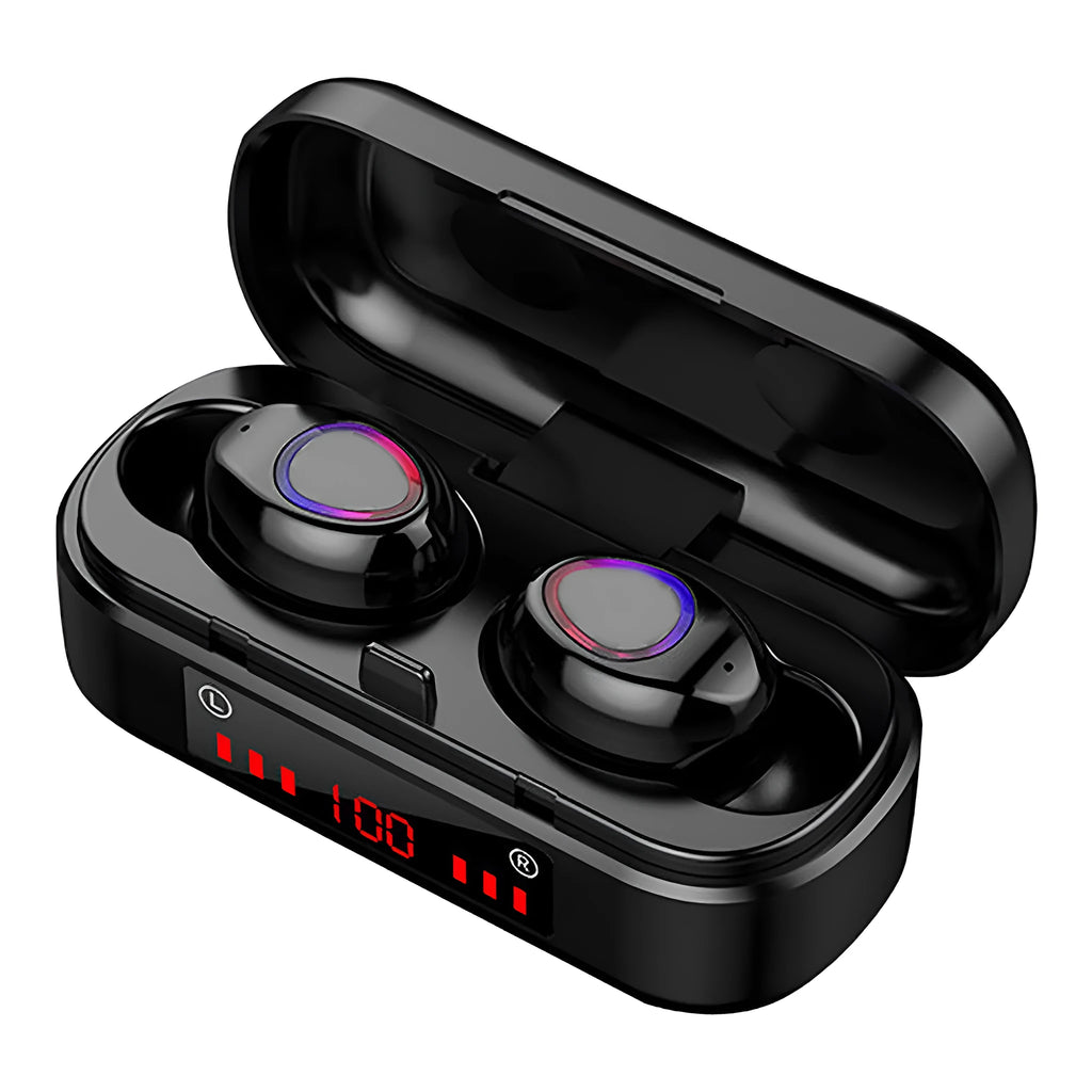 V7 LED button version true wireless stereo Bluetooth earbuds with charging case and ear tips.