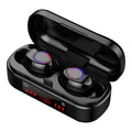 V7 LED button version true wireless stereo Bluetooth earbuds with charging case and ear tips.