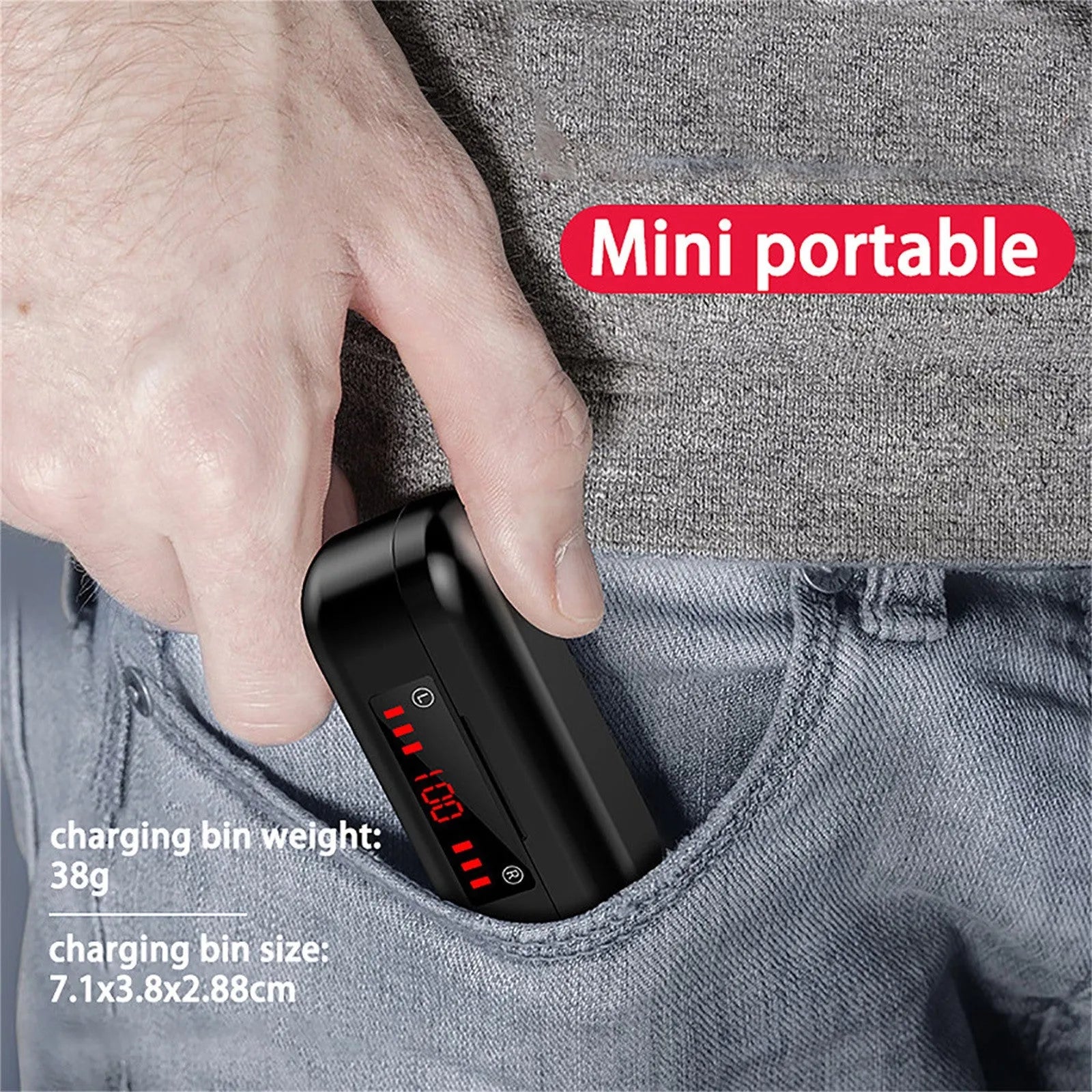 V7 LED button version true wireless stereo Bluetooth earbuds with charging case and ear tips.