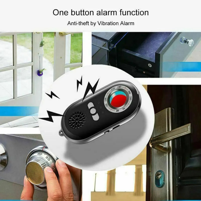 Small black rectangular wireless signal detector and vibration alarm unit on a white background.