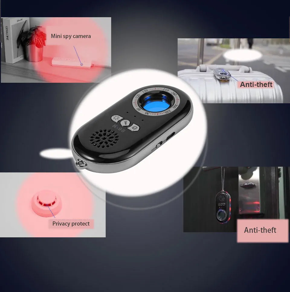 Small black rectangular wireless signal detector and vibration alarm unit on a white background.