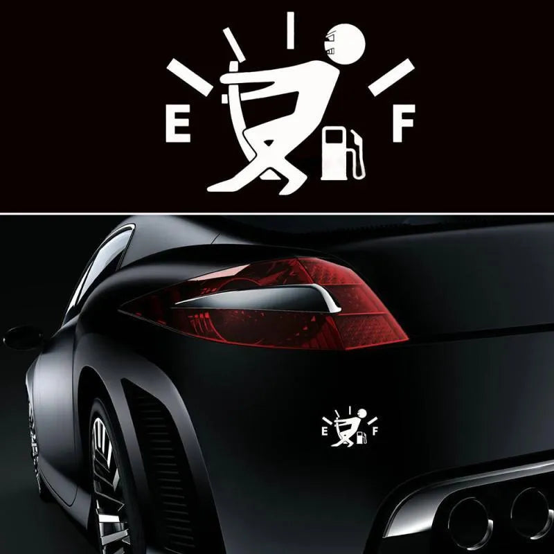 Funny car sticker with arrow pointing to fuel tank area, PET material, 12.7x9.2cm