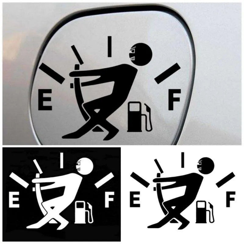 Funny car sticker with arrow pointing to fuel tank area, PET material, 12.7x9.2cm
