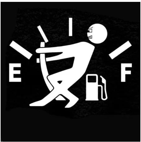 Funny car sticker with arrow pointing to fuel tank area, PET material, 12.7x9.2cm