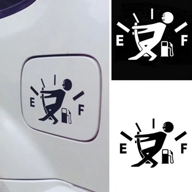 Funny car sticker with arrow pointing to fuel tank area, PET material, 12.7x9.2cm
