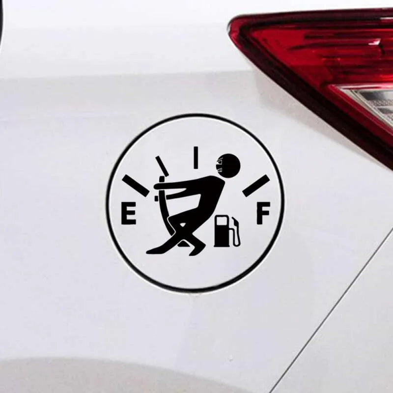Funny car sticker with arrow pointing to fuel tank area, PET material, 12.7x9.2cm