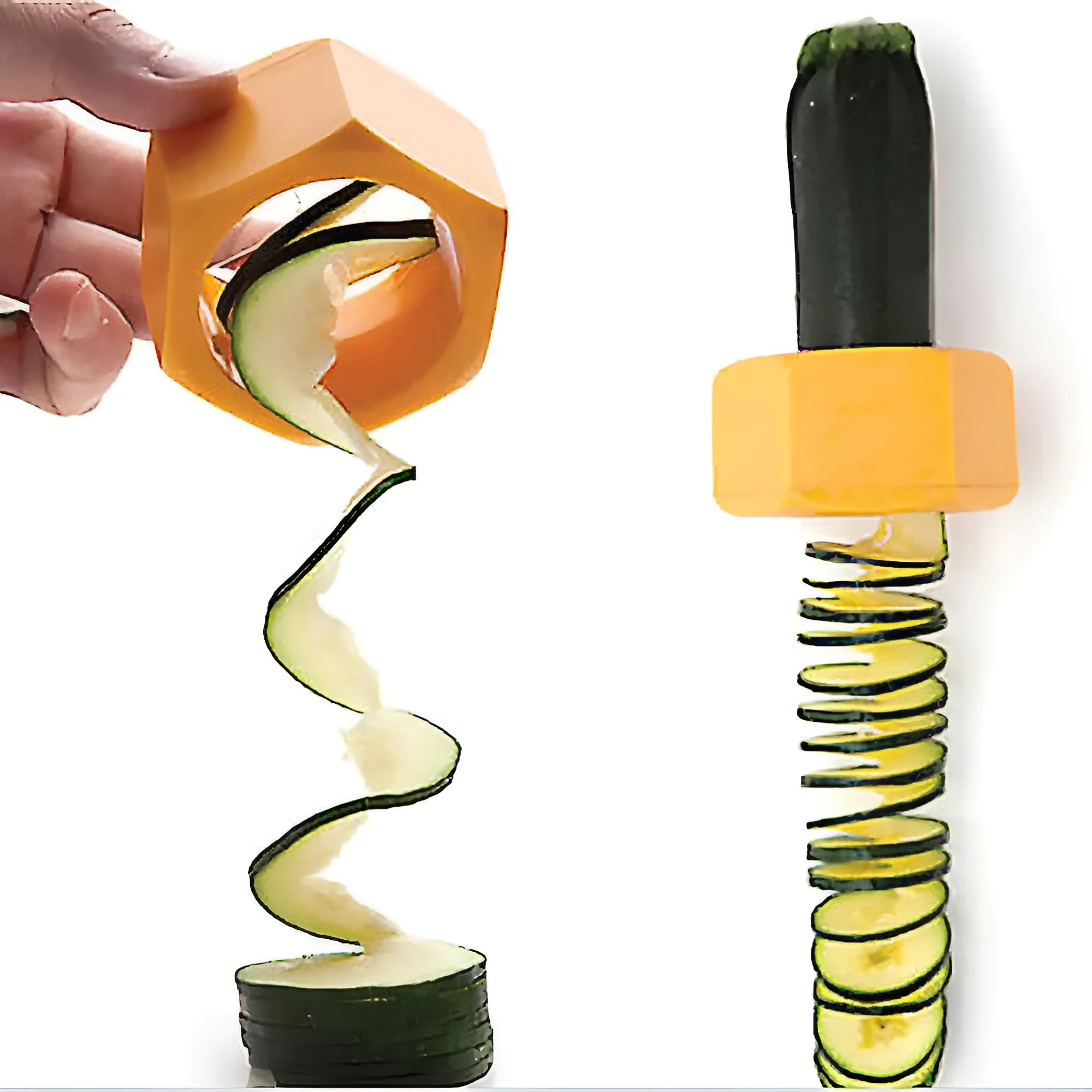 Yellow and green food-grade ABS plastic spiral vegetable cutter on a kitchen counter