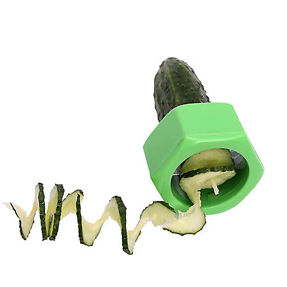 Yellow and green food-grade ABS plastic spiral vegetable cutter on a kitchen counter