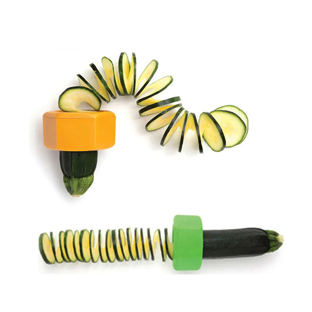 Yellow and green food-grade ABS plastic spiral vegetable cutter on a kitchen counter
