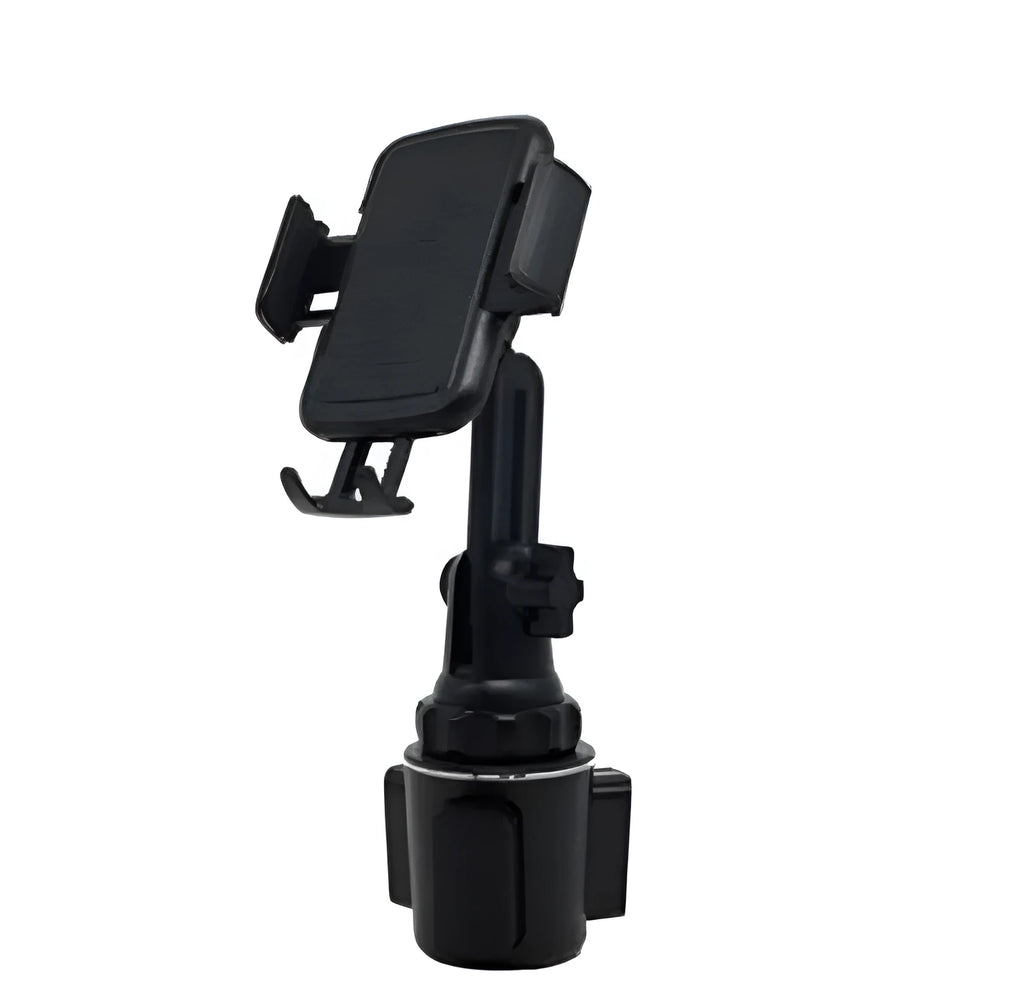 Black ABS car phone holder with 360-degree rotating head and adjustable height on a car air vent.