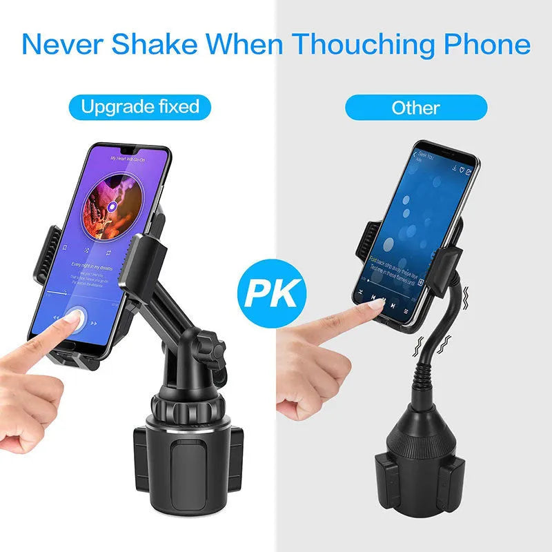 Black ABS car phone holder with 360-degree rotating head and adjustable height on a car air vent.