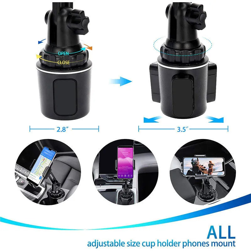Black ABS car phone holder with 360-degree rotating head and adjustable height on a car air vent.