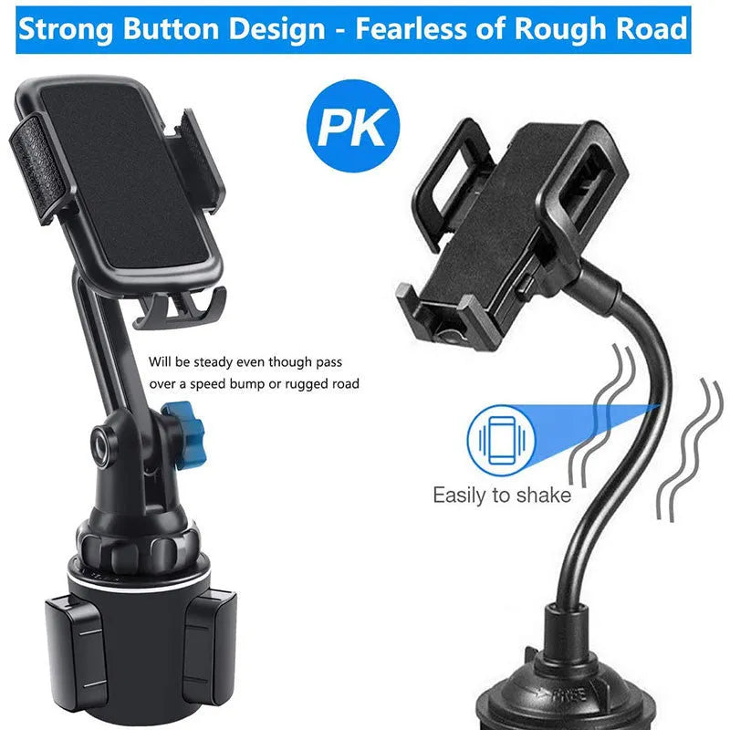 Black ABS car phone holder with 360-degree rotating head and adjustable height on a car air vent.