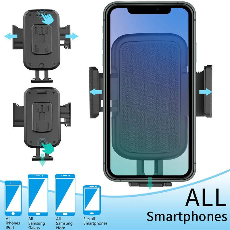 Black ABS car phone holder with 360-degree rotating head and adjustable height on a car air vent.