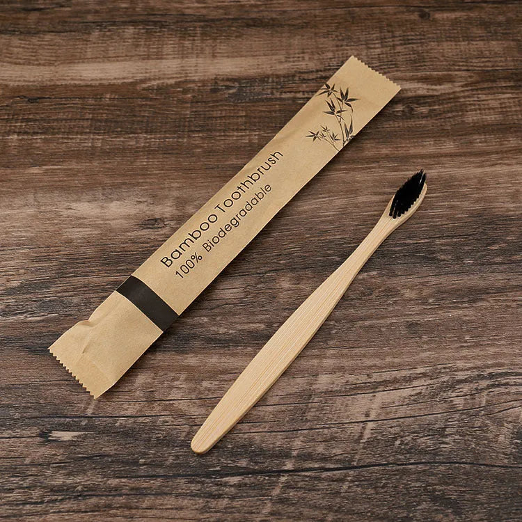 Set of 10 colourful bamboo toothbrushes with charcoal bristles for sustainable dental care