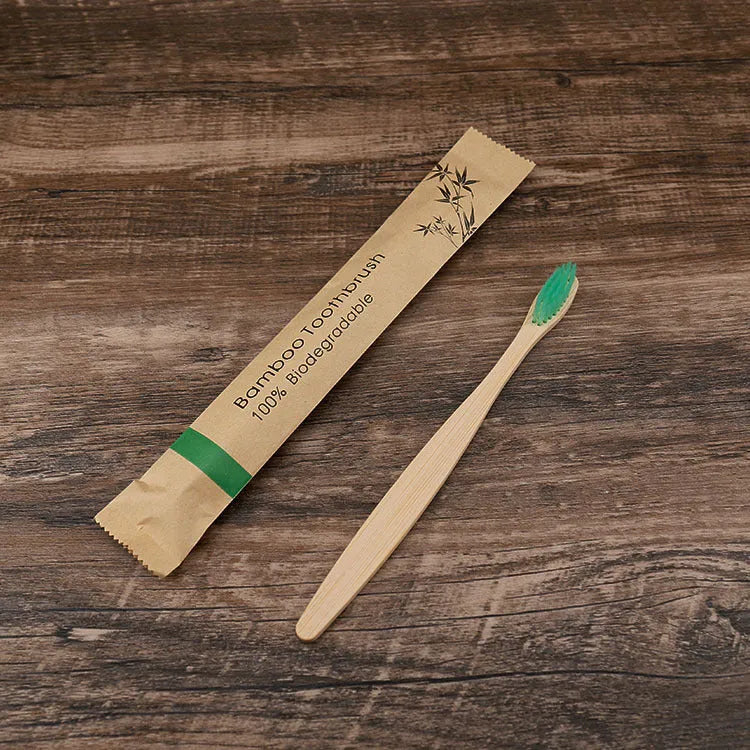Set of 10 colourful bamboo toothbrushes with charcoal bristles for sustainable dental care