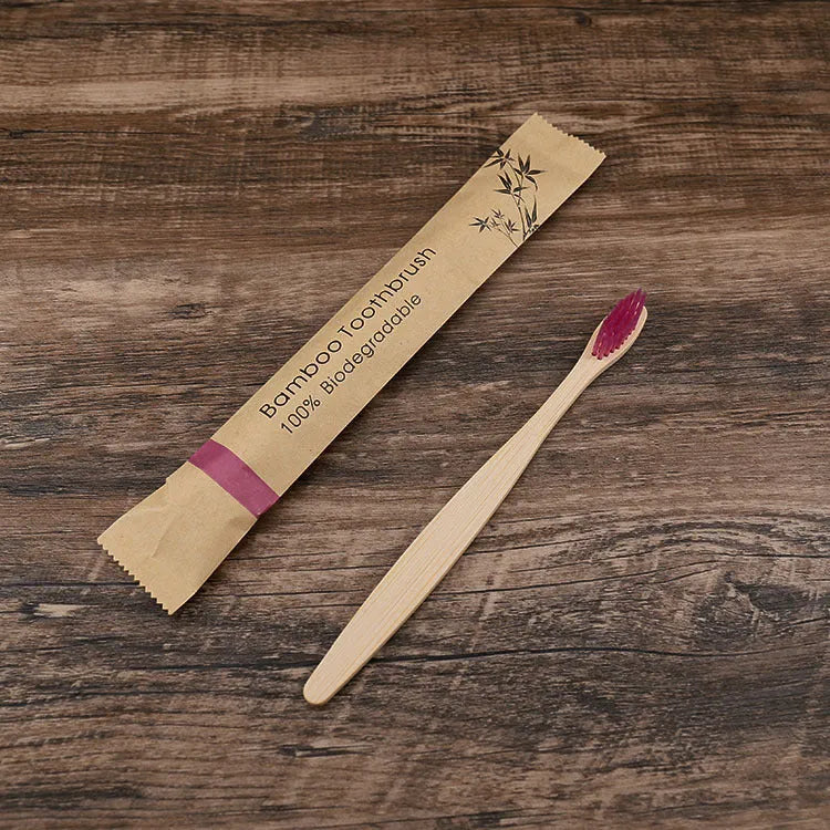 Set of 10 colourful bamboo toothbrushes with charcoal bristles for sustainable dental care