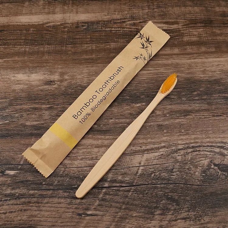 Set of 10 colourful bamboo toothbrushes with charcoal bristles for sustainable dental care