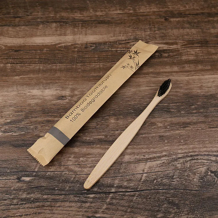 Set of 10 colourful bamboo toothbrushes with charcoal bristles for sustainable dental care