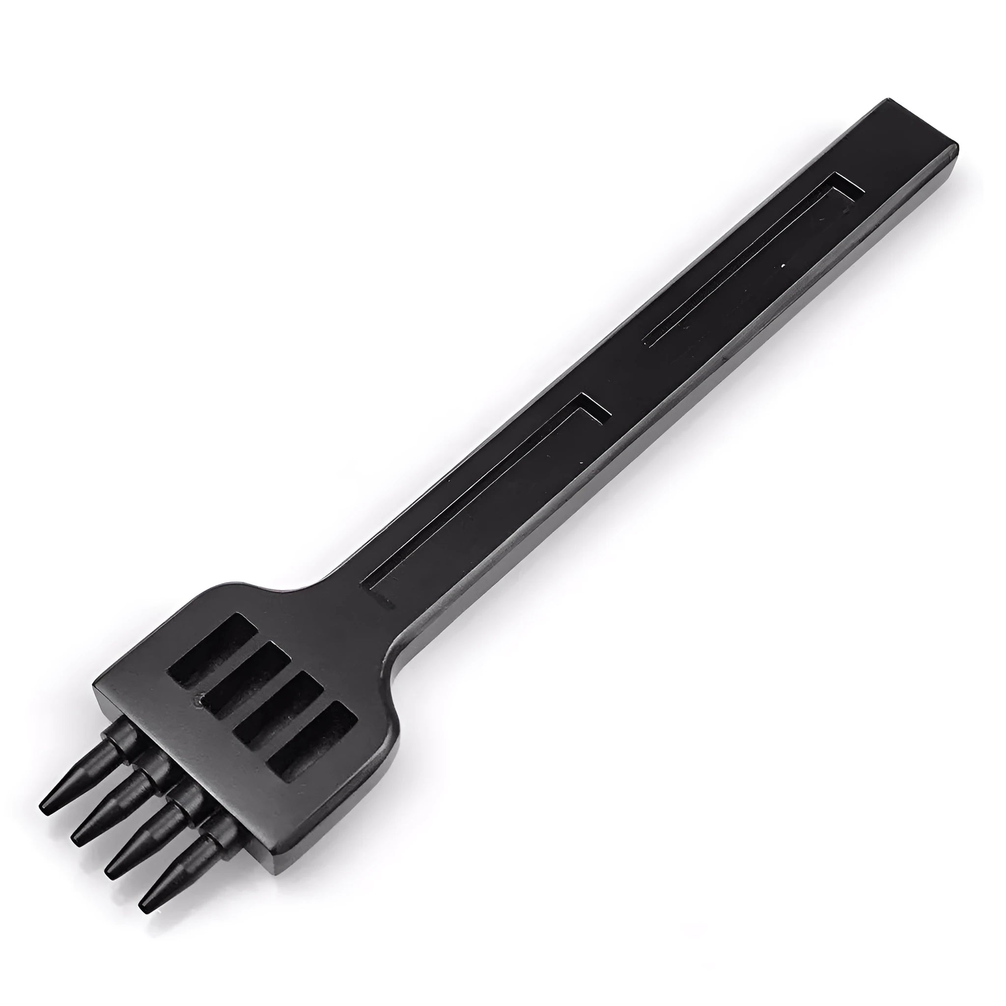 Black steel manual leather hole punch tool showing a row of punching teeth.
