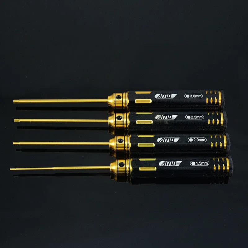 Remote control model car tool kit with titanium-plated screwdrivers, hexagonal M3 M4 sockets, and tool bag options.