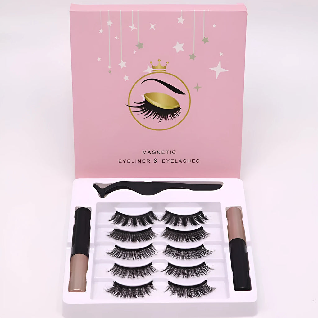 Magnetic false eyelashes and eyeliner set with five pairs of reusable mink lashes