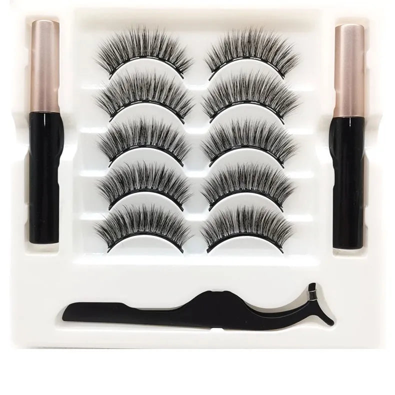Magnetic false eyelashes and eyeliner set with five pairs of reusable mink lashes