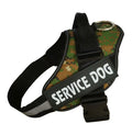 A personalised nylon dog harness with reflective strips, adjustable chest strap, and a sturdy handle shown on a dog.