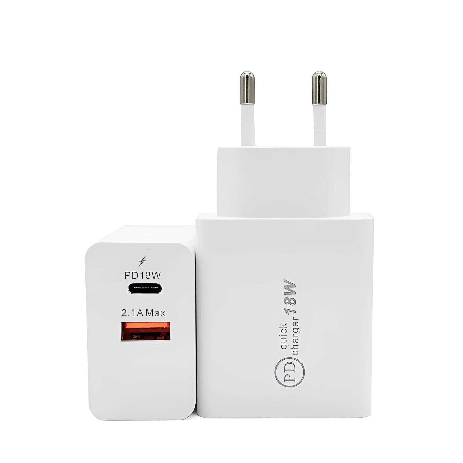 18W USB-C PD fast wall charger in black or white with optional US or EU plug