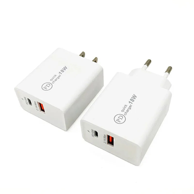 18W USB-C PD fast wall charger in black or white with optional US or EU plug