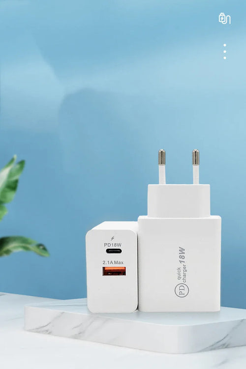 18W USB-C PD fast wall charger in black or white with optional US or EU plug