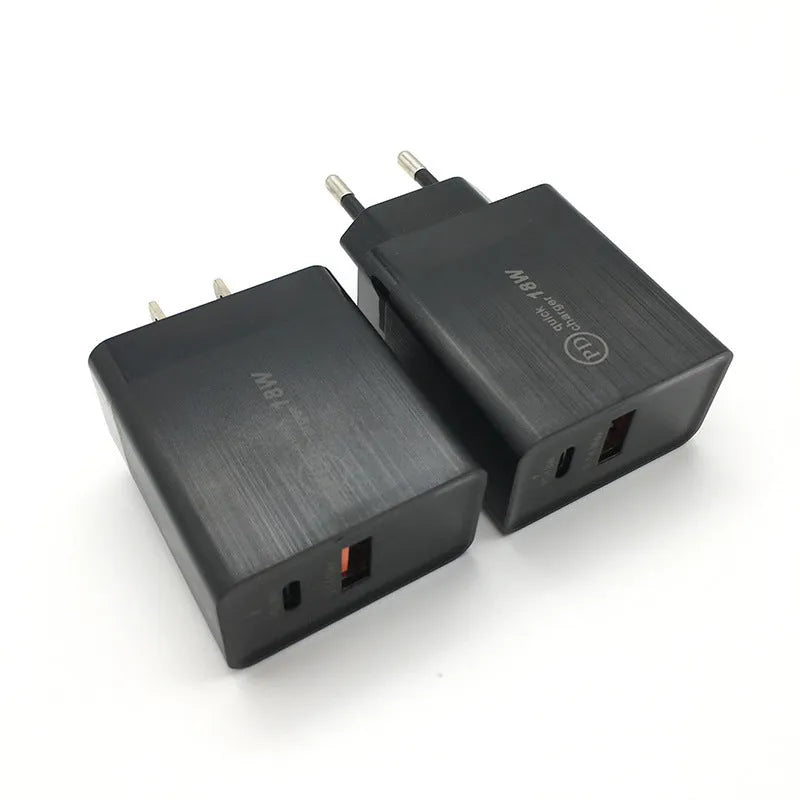 18W USB-C PD fast wall charger in black or white with optional US or EU plug