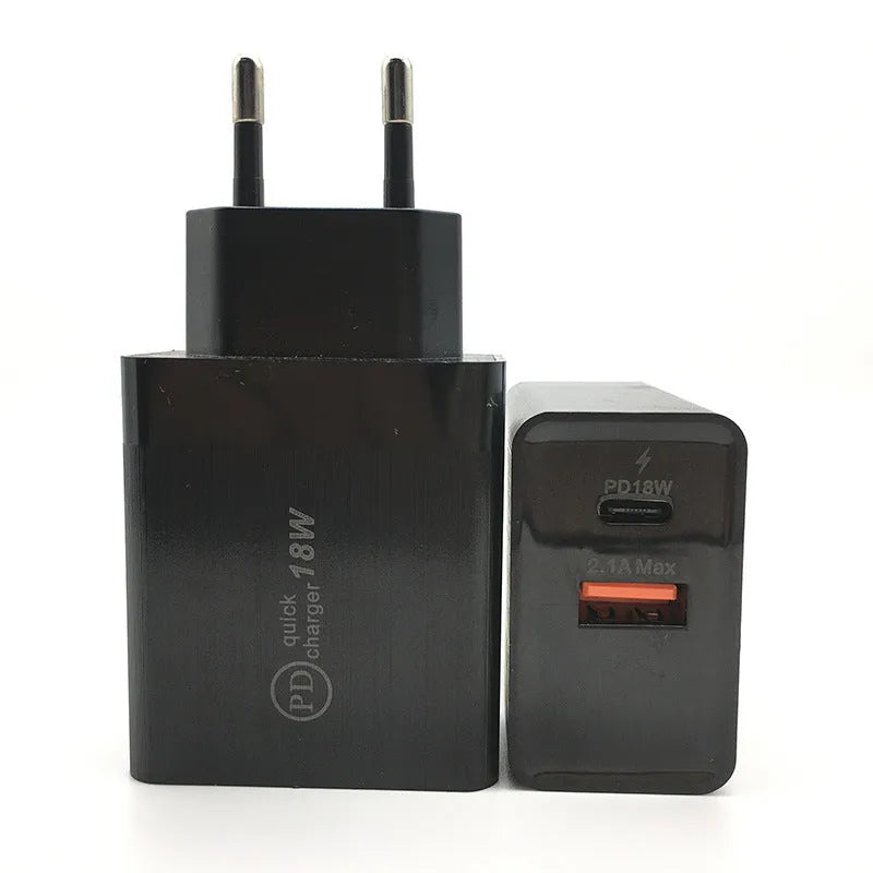 18W USB-C PD fast wall charger in black or white with optional US or EU plug