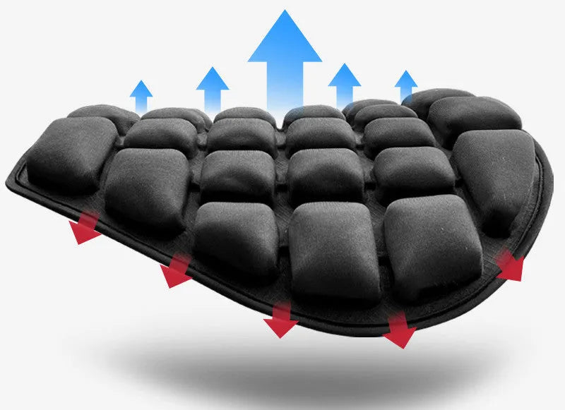 Motorcycle air seat cushion in black with 3D airbag design, universal fit for most bikes