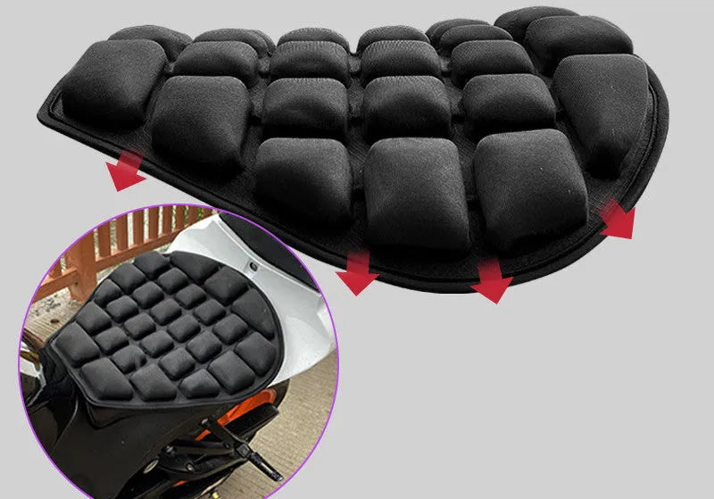 Motorcycle air seat cushion in black with 3D airbag design, universal fit for most bikes