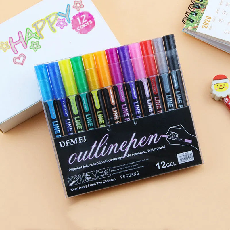 12-colour set of metal shell double line outline highlighters with round tip, plastic packing