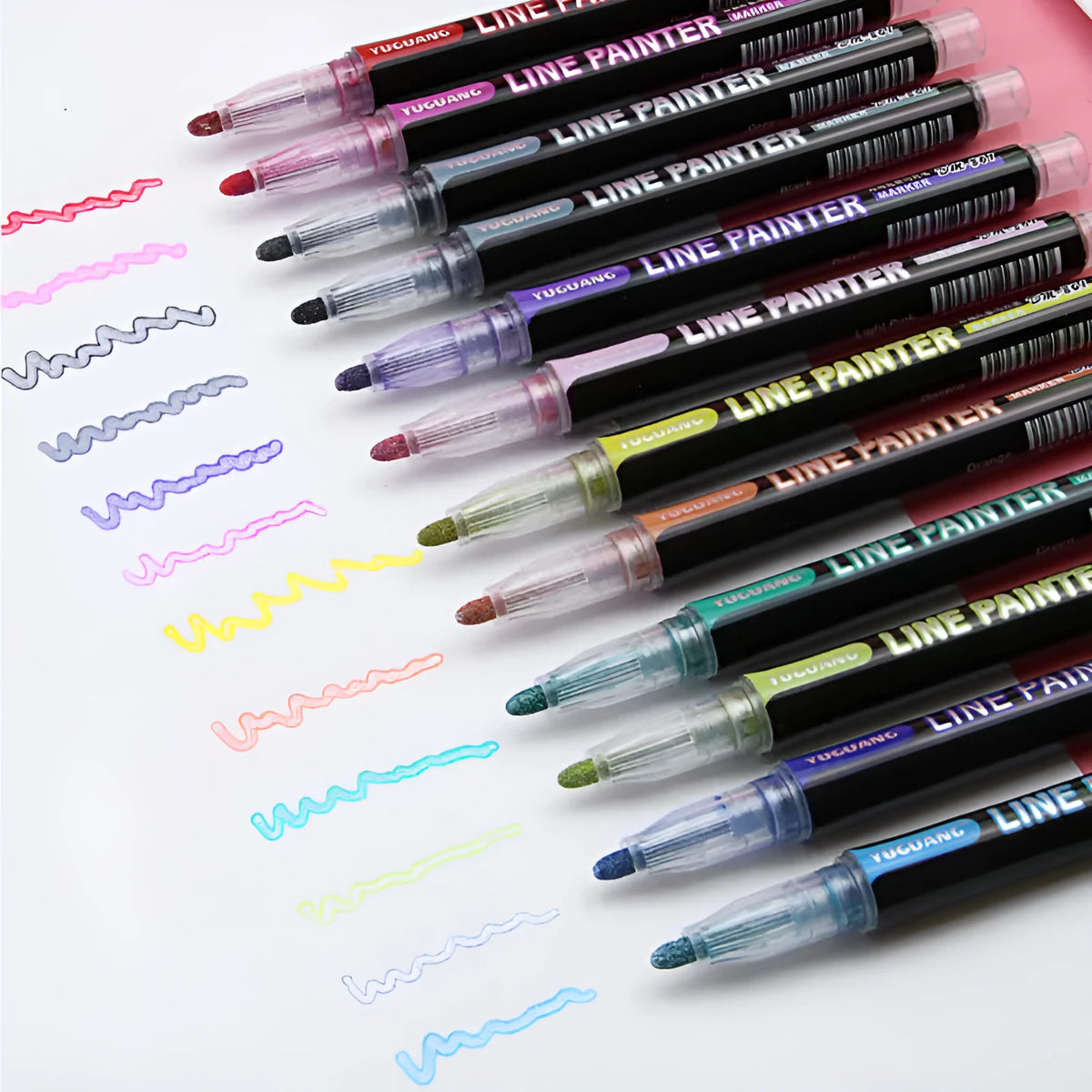 12-colour set of metal shell double line outline highlighters with round tip, plastic packing