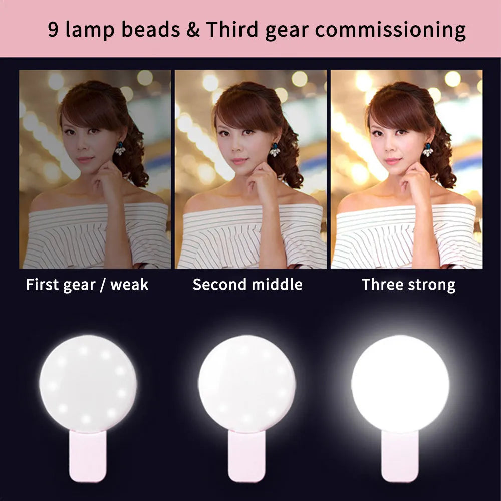 Mini clip-on LED fill light for mobile phone selfies in four colour options