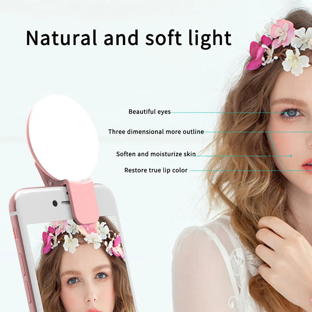 Mini clip-on LED fill light for mobile phone selfies in four colour options