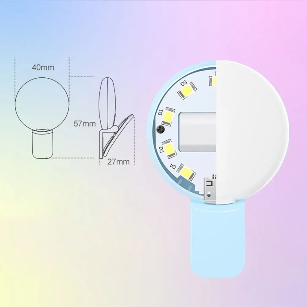 Mini clip-on LED fill light for mobile phone selfies in four colour options